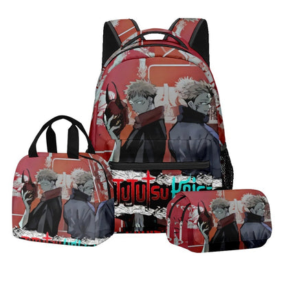 Anime Estampa Digital Jujutsu Kaisen Conjunto Escolar Mochila Grande Capacidade Lancheira Estojo de Lápis 2 Camadas 3 Peças Presente para Menino