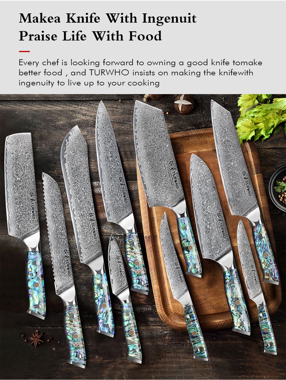 Faca de Cozinha TURWHO Japonesa de Aço Damasco de 67 Camadas com Cabo de Abalone Afiada Faca Santoku para Pão Bife Faca de Chef Ferramentas de Corte para Cozinha
