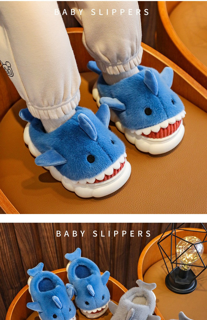 Winter Heel Wrap Cotton Children's Slippers Cute Cartoon Shark Non-slip Soft Sole Kids Boys Girls Junior Warm Plush Home Shoes