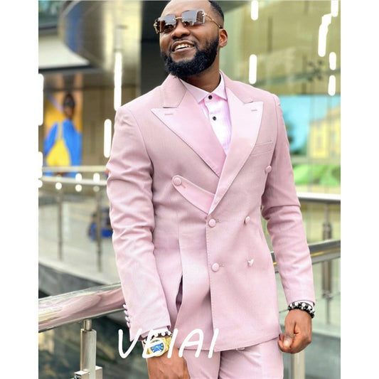 CustomizedPink Men Suits Tailor-Made Double Breasted Groom Tuxedos Wedding Terno Masculino Prom Costume Homme Italien 2PCS(Blaze