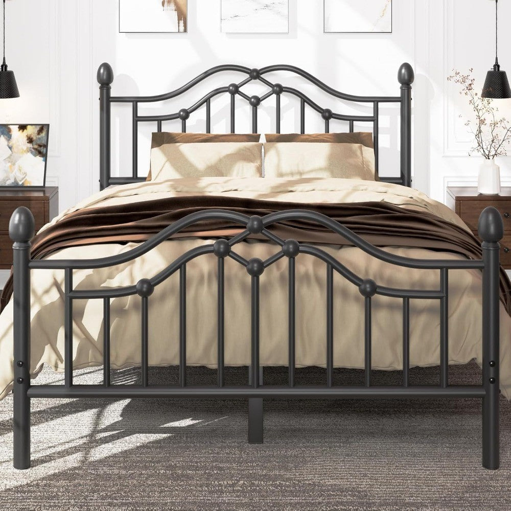Estrutura de Cama de Casal de Metal com Cabeceira e Peseira, Estrutura de Cama Plataforma Moderna de Ferro Suporta até 544 kg, Armazenamento Embaixo da Cama, Sem