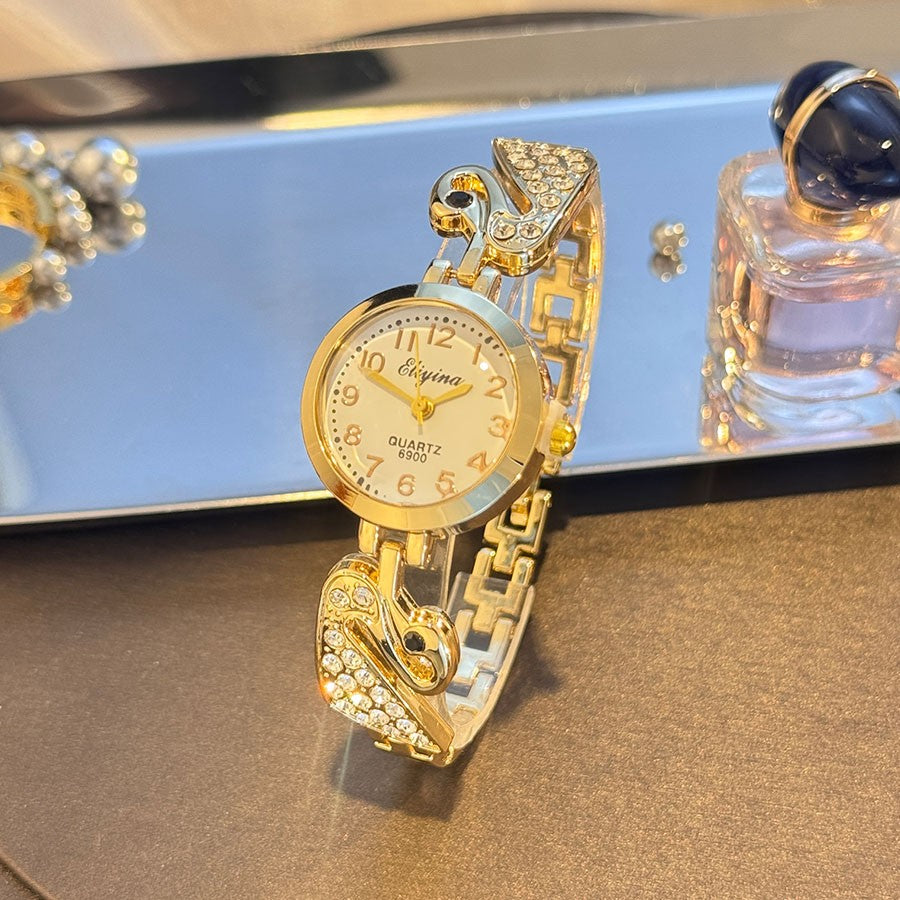 4-Piece Set Pearl Watch Chain Arabic Numeral Quartz Watch Large Pearl Necklace Diamond-Encrusted Ring And Earrings Jewelry Gift