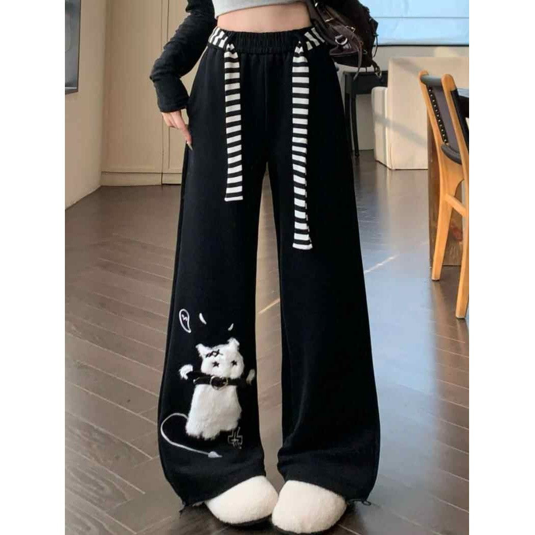 Cat Sweatpants Women Black Wide Leg Cute Casual Pants American Lazy Loose Fit Streetwear Spring Summer Trendy Unisex Outfit New