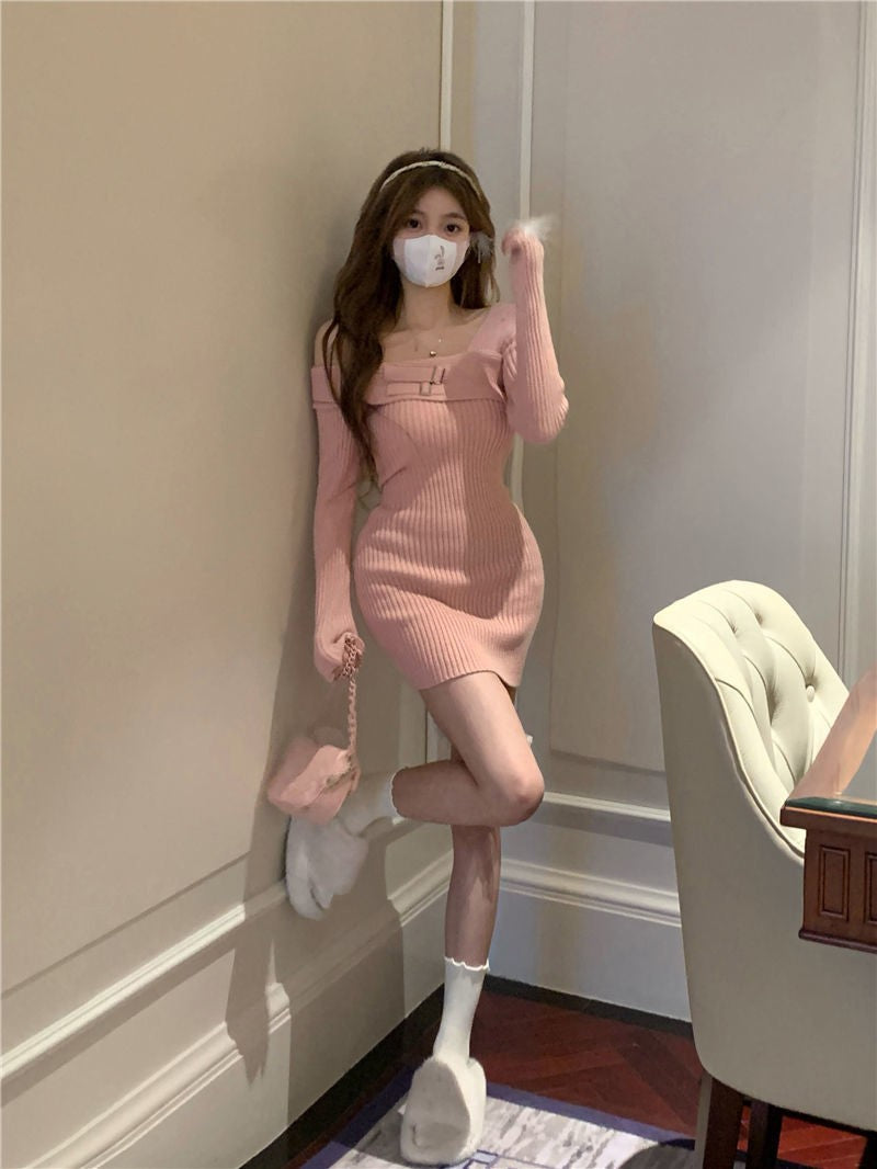 MEXZT Y2K Knitted Mini Dress Women Streetwear Sexy Off Shoulder Sweater A Line Dresses Christmas Party Korean Bodycon Vestidos