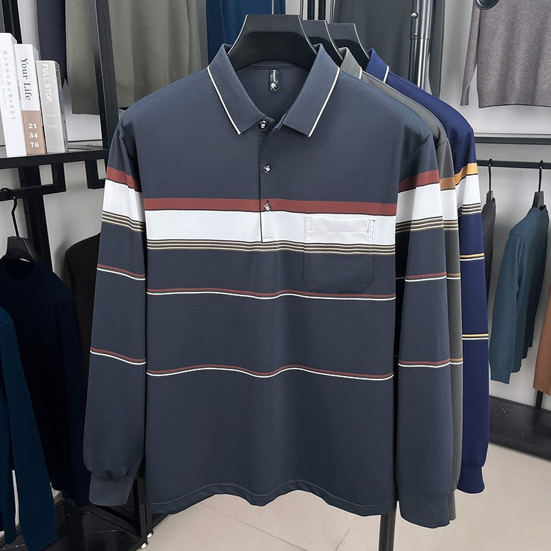 High quality stripe men's long sleeve polo shirt fashion luxury pocket middle-aged business casual color blocked comfort T-shirt