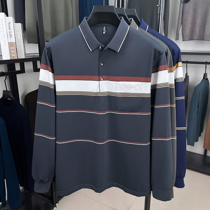 High quality stripe men's long sleeve polo shirt fashion luxury pocket middle-aged business casual color blocked comfort T-shirt