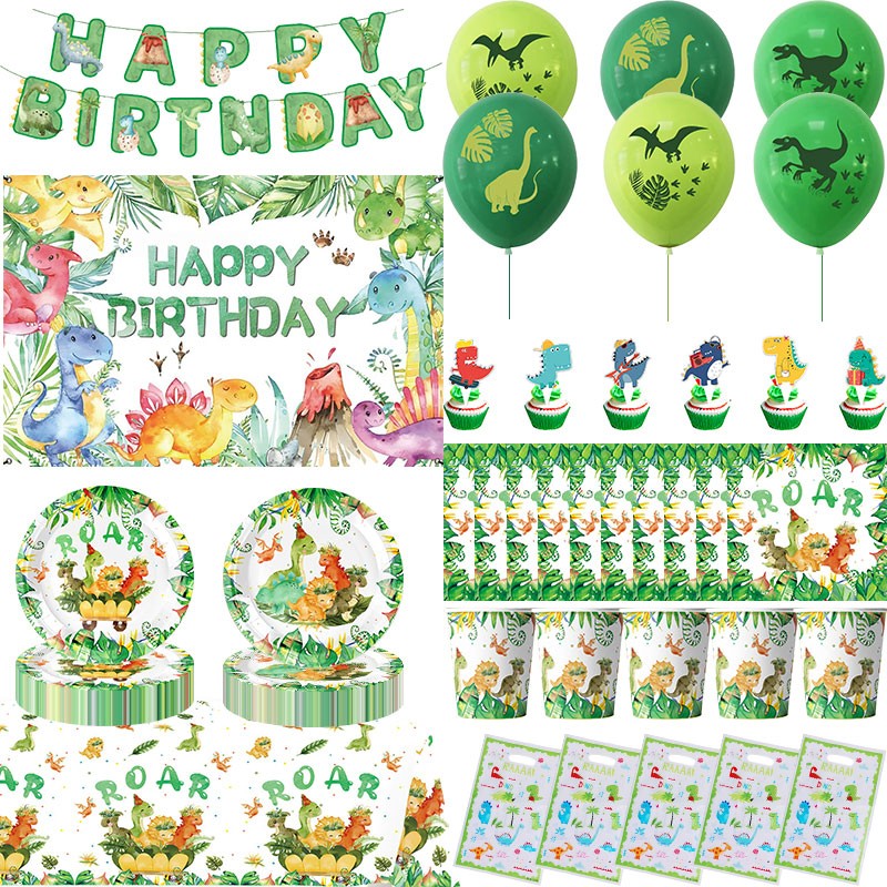 Happy Dinosaur Birthday Decoration Party Supplies Set Cup Plate Dinosaur Balloons Stickers Banner Gift Bags for Kids Boy Favors