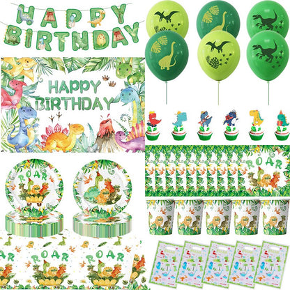 Happy Dinosaur Birthday Decoration Party Supplies Set Cup Plate Dinosaur Balloons Stickers Banner Gift Bags for Kids Boy Favors