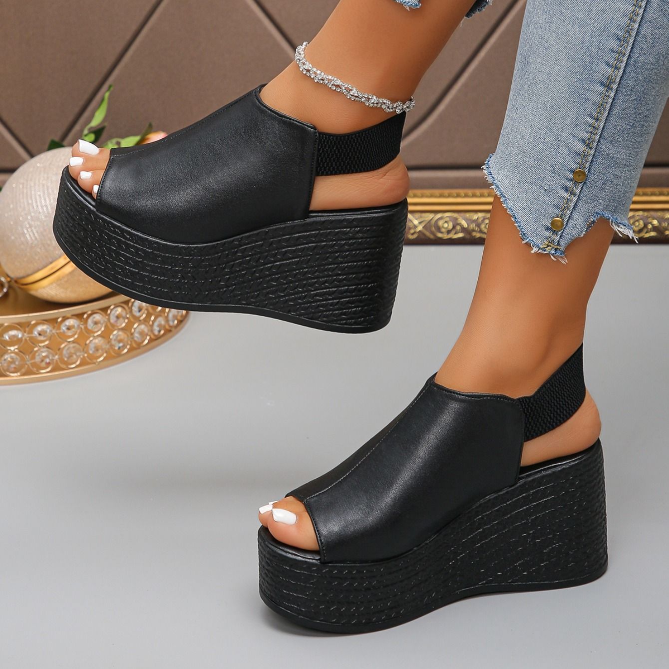 Women Sandals High Quality Summer Leather Wedge Sandals Women 2025 New Platform High Heels Shoes Sexy Open Toe Elegant Sandals