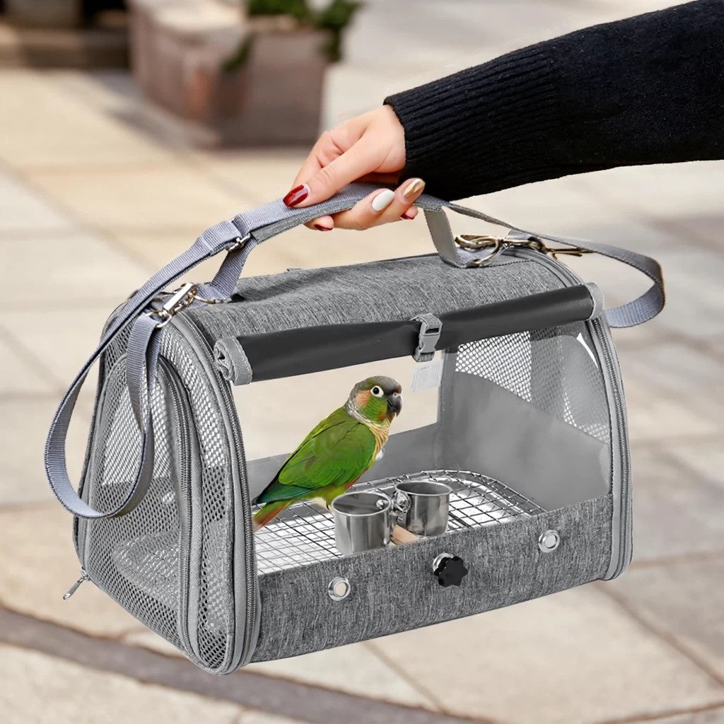 Gaiola de Pássaro para Transporte de Papagaio com Poleiro e Bandeja para Pássaros Pequenos Animais Periquito Agapornis Calopsita Cinza Africano Bolsa de Viagem para Animais de Estimação