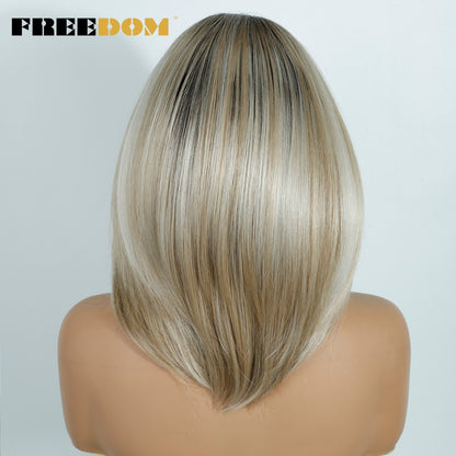 FREEDOM 13x4 Synthetic Lace Front Wigs For Women Short Bob Wig With Bangs Pre Plucked Wear And Go Pre-cut Ombre Blonde Lace Wigs
