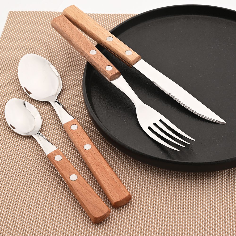 JANKNG 304 Stainless Steel Fork with Wooden Handle Tableware Cutlery Mirror Dinnerware Flatware Silverware Kitchen Accessories