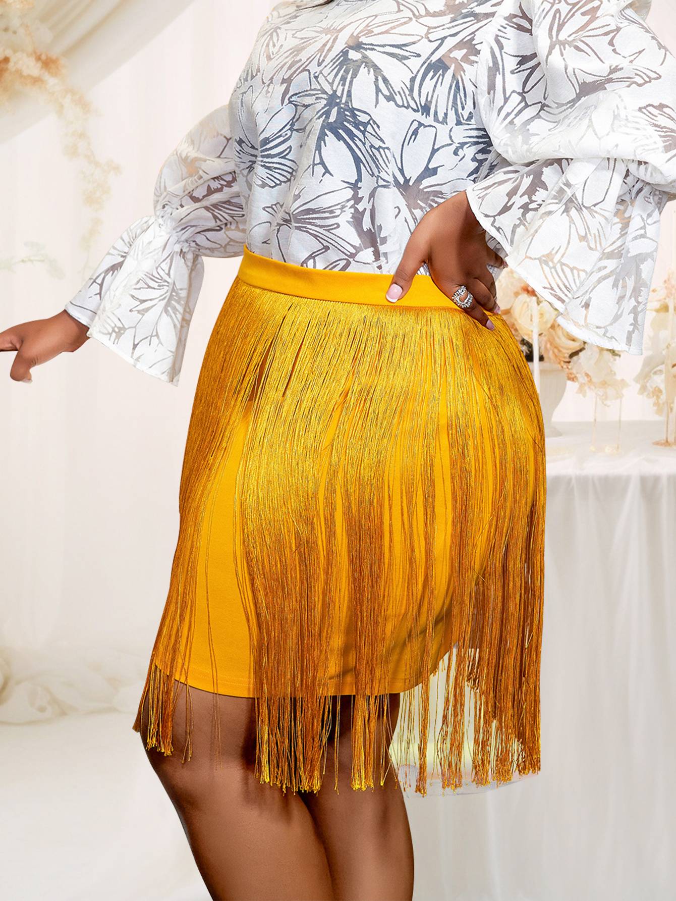 Gold Plus Size Fringe Skirts High Waist Package Hip Sexy Mini Evening Cocktail Party Hem Tassel Skirt for Women 2024 3XL 4XL