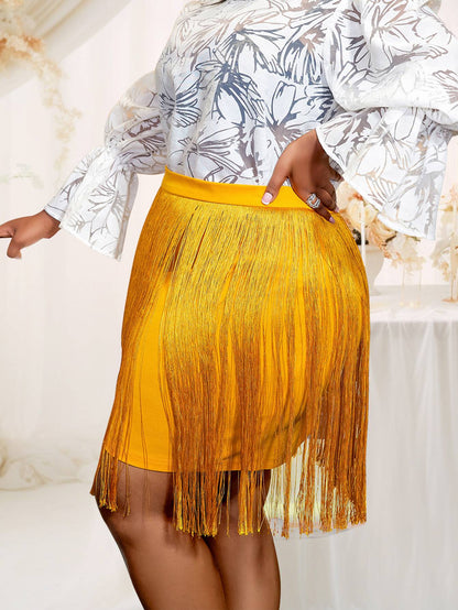 Gold Plus Size Fringe Skirts High Waist Package Hip Sexy Mini Evening Cocktail Party Hem Tassel Skirt for Women 2024 3XL 4XL