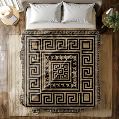 Geometric Greek Key Throw Blanket Tapestry Couch Decor Luxury Meander Pattern Gold Beige Bohemian Xmas Gift Accent Plaid