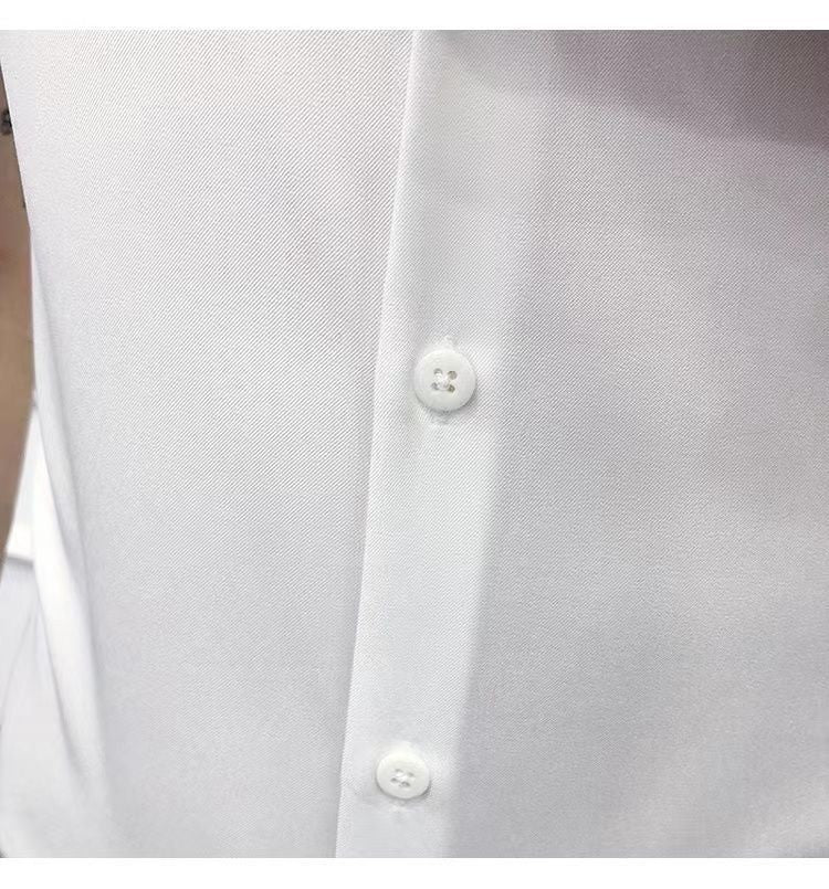 Korean Fashion Trend Casual Elastic Design Sense Short Sleeve Shirt Men's Solid Lapel Collar Button Breathable Simple Slim Tops
