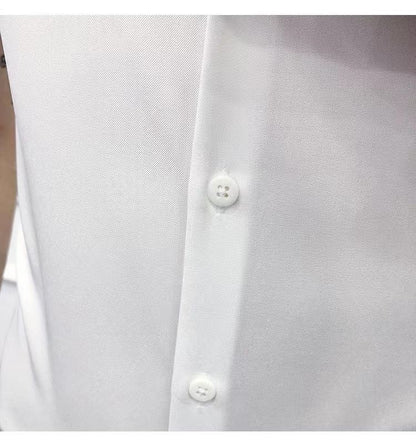 Korean Fashion Trend Casual Elastic Design Sense Short Sleeve Shirt Men's Solid Lapel Collar Button Breathable Simple Slim Tops