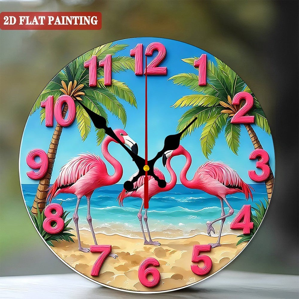 Tropical Flamingo Wall Clock. Round coastal design for living room or bedroom.