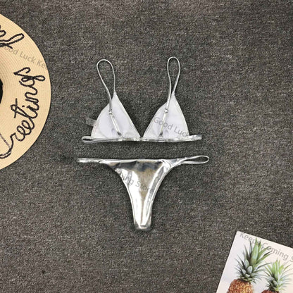 Women Sexy Thong Bikini Set Silver Gold Sequinis Biquini Swimwear 2025 Summer Push Up Padded Bra Bathing Suit Beach Wear
