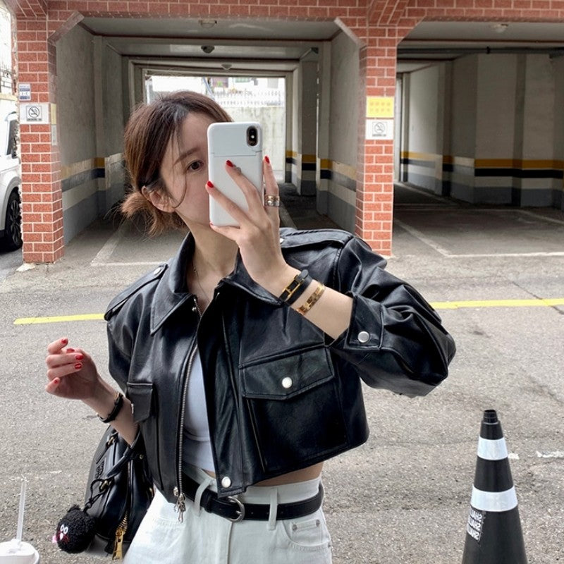 Women's Loose ort PU Leather Jaet Double ket Retro Collar Zipper Versatile Motorcycle Sle Top Trendy Commute Wind