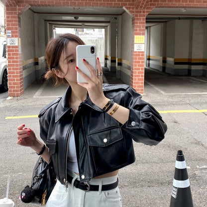 Women's Loose ort PU Leather Jaet Double ket Retro Collar Zipper Versatile Motorcycle Sle Top Trendy Commute Wind