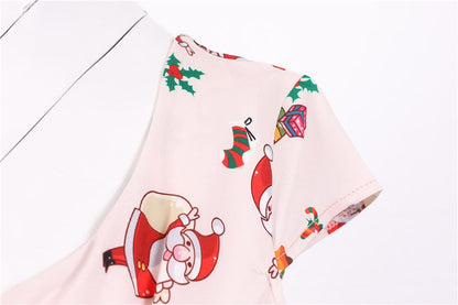 Fashion V-neck Short Sleeve Printed Christmas Dress Large Swing Vintage Elegant Xmas Party Dress