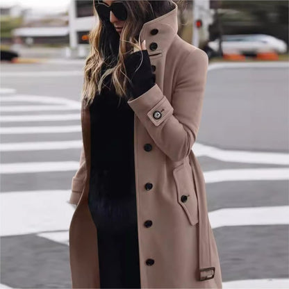 Autumn Winter New Woolen Coat Women's Slim Fit Cardigan Large Coat Women Long Sleeve Single Breasted Stand Collar Trench coats