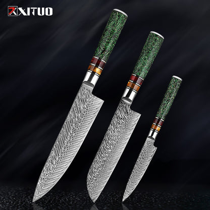 Conjunto de Facas de Cozinha XITUO Luxury Damascus Japonesas Chef Santoku Faca Cutelo Descascar Faca de Pão Cabo de Resina Sintética Destaque