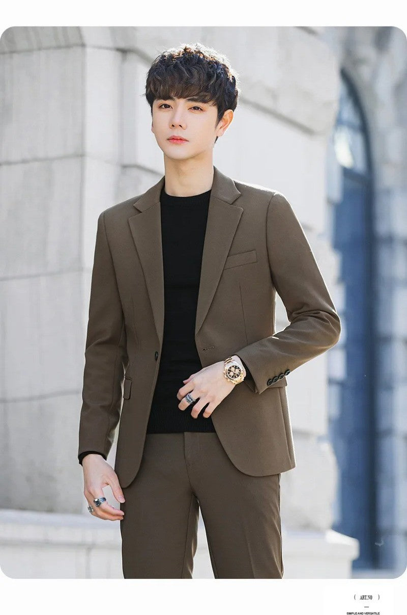 S-6XL Men's Business Casual Suit Korean Style Trendy Slim Fit 2 Piece Set Solid Color ?Blazer+ Pants )Groom Wedding Dress Party