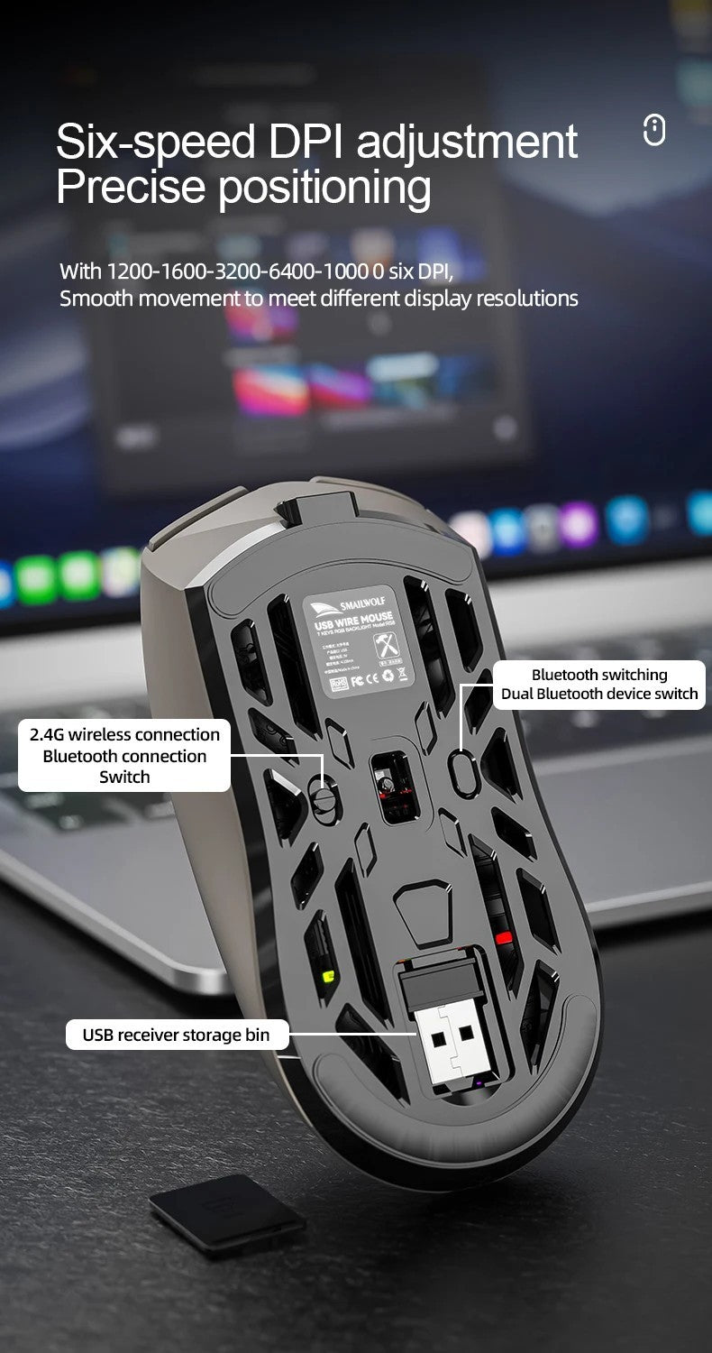 Mouse Gamer Sem Fio Ergonômico SmailWolf RS8, Tri-Modo com Design Oco Ultraleve, 1000Hz e Bateria de Longa Duração