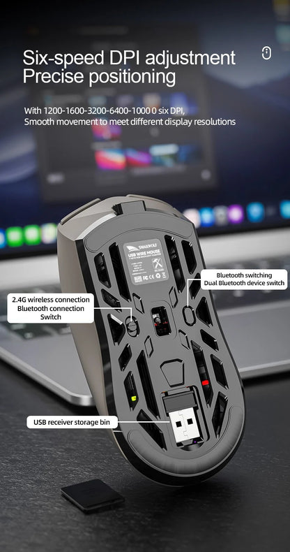 Mouse Gamer Sem Fio Ergonômico SmailWolf RS8, Tri-Modo com Design Oco Ultraleve, 1000Hz e Bateria de Longa Duração