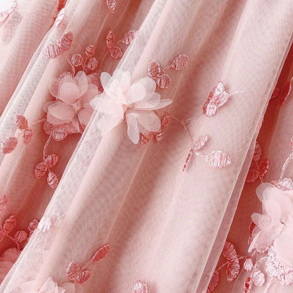 New in A-Line High Waist Embroidery 3D Flower Tulle Midi Skirt Women Spring Summer Pink Chic Elegant Mesh Party Long Skirt