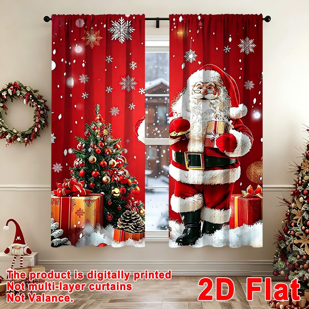 2pcs Merry Christmas Curtains Santa Xmas Tree Design 60*150cm Polyester Window Drapes for Home Bedroom Decor Festive Supplies