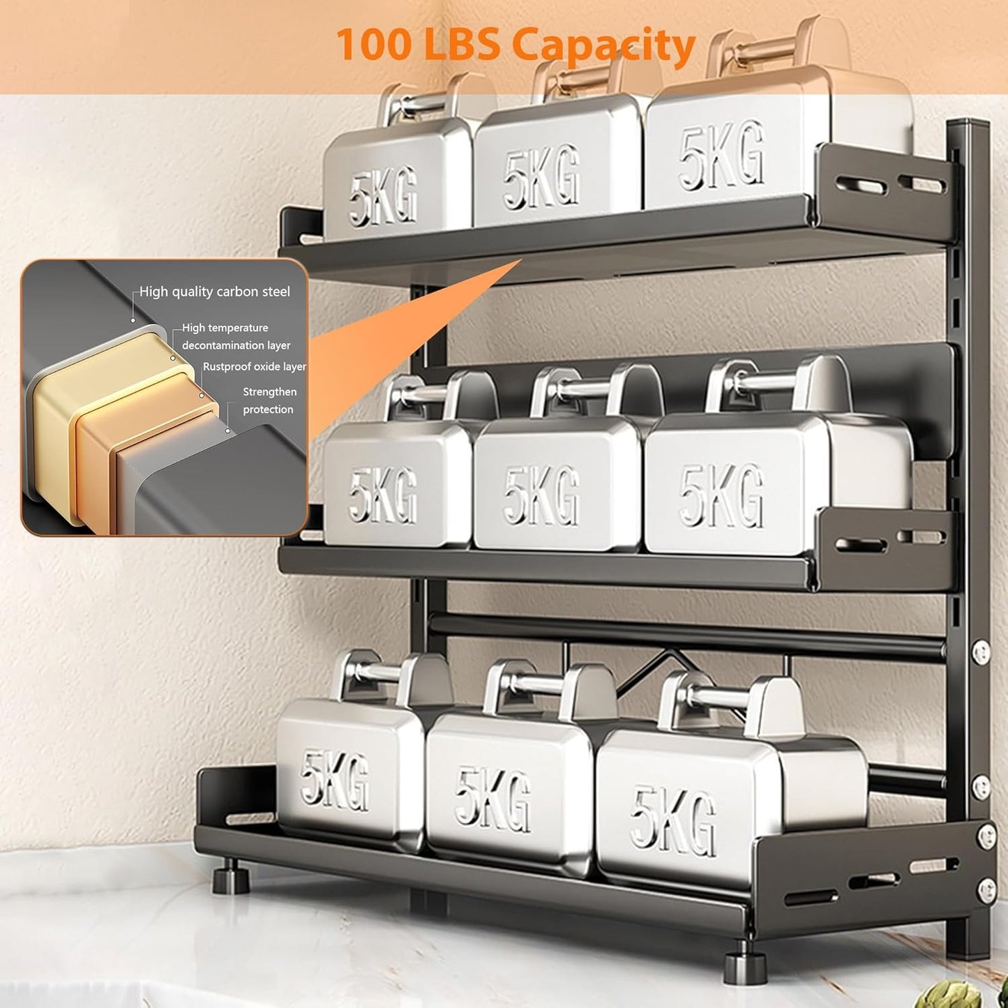 3 Tier Spice Storage Rack for Countertop Adjustable Spice Organization for Cabinet Kitchen Organizer Metal Shelf Black