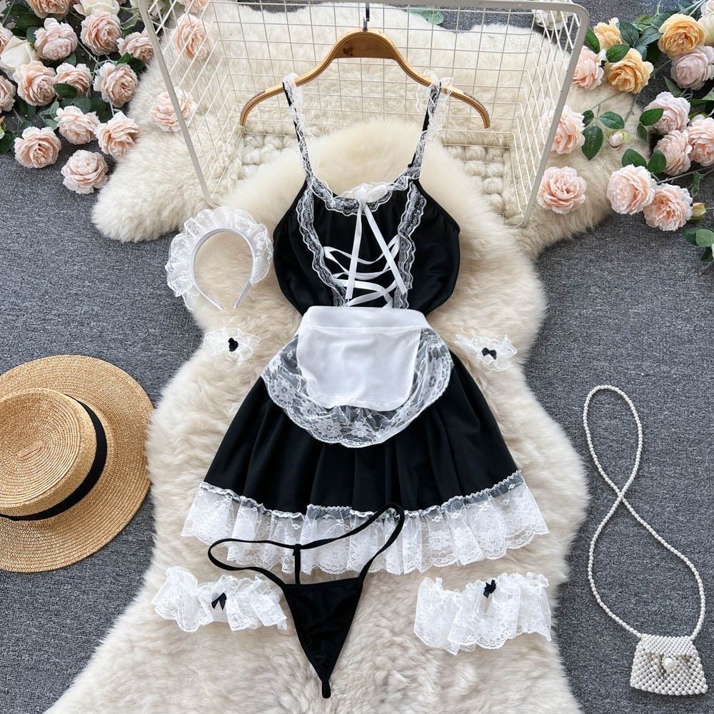 Bunny Complete Maid Cosplay Costume Set Ruffle Cosplay Vacation Halloween Outfit Halter Dress Set Outfit Costume Play Occasions