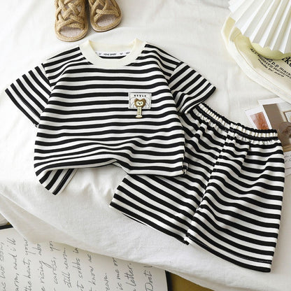 Conjunto Infantil 2PÇS Novo Verão Manga Curta +Shorts Listrado Menino Menina Criança Camiseta Roupa de Bebê Roupa Infantil