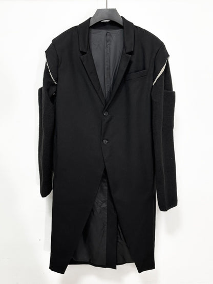 High Street Men's and Women's RO Dark Show Knitted Edge Splicing Sleeve Wide Shoulder Windbreaker Coat Medium Length Blazer Coat