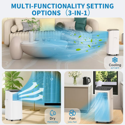 Ar Condicionado Portátil, 8000 BTU para Ambientes de até 42m², Controle Remoto e Autoevaporação, AC Compacto para Apartamento, Plugue Americano