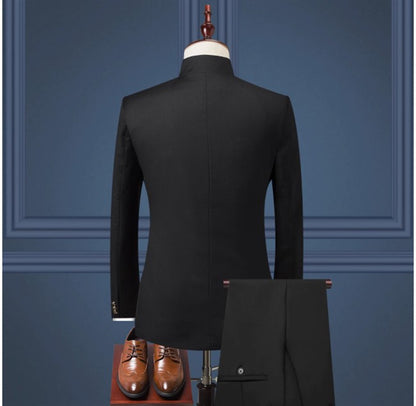 (Jacket+Pants) Men Fashion Simple Wedding Suit Black / Blue / Wine Red 2025 Homme Stand up Collar Business Social Dress 2Piece