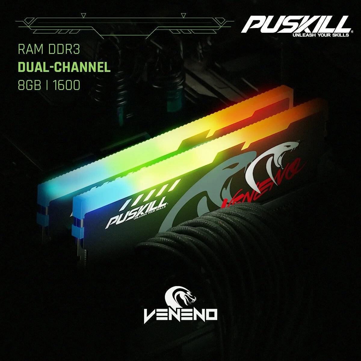 PUSKILL Memória RAM RGB DDR3 8GBx2 1600MHz 12800S Udimm Dual Channel DIMM Memória RAM para Desktop