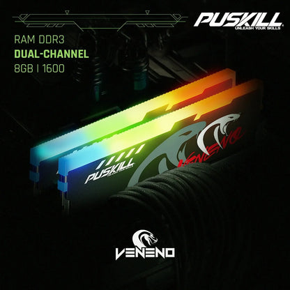 PUSKILL Memória RAM RGB DDR3 8GBx2 1600MHz 12800S Udimm Dual Channel DIMM Memória RAM para Desktop