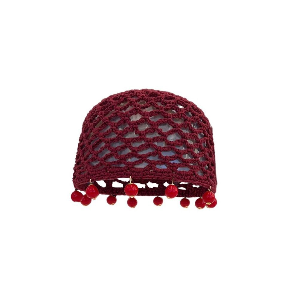 Fashion Round Beads Knitted Hat Crochet Pearl Fringed Woven for Women Travel Versatile Hollow Breathable Retro Beanies Cap
