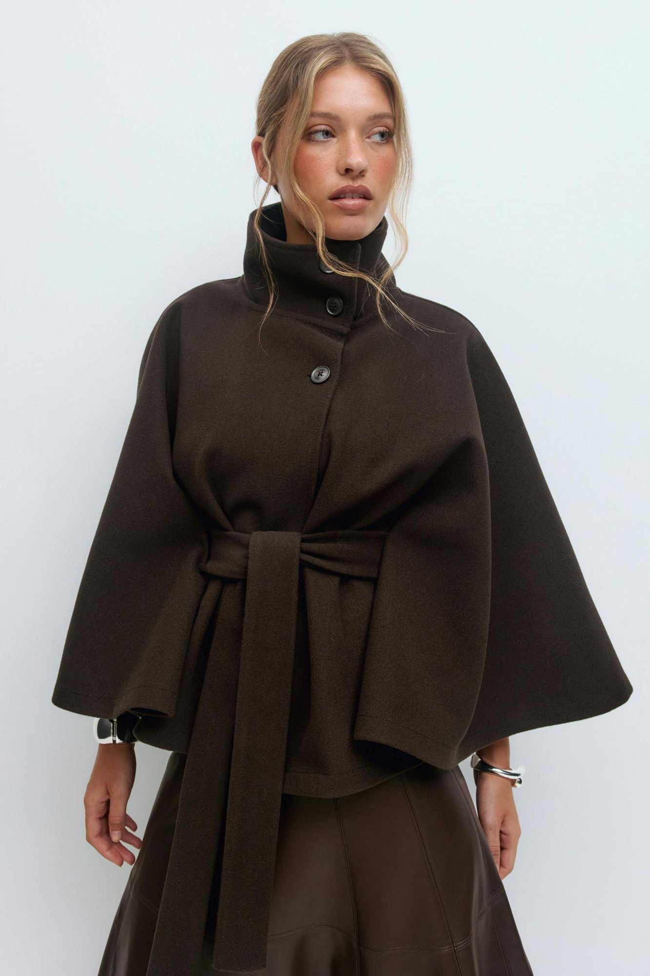 chic vintage cape jacket with belt stand neck single breasted loose coat loose flare sleeve coats early lady autumn Y2K outwears
