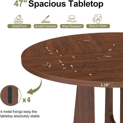 47" Round Dining Table for 4-6, Farmhouse Wood Circular Kitchen Tables, Dark Brown Retro Circle Dinner Table Easy Assembly