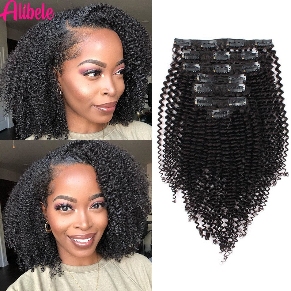 Alibele 4B 4C Afro Kinky Culy Clips In Human Hair Extensions Cabelo Remy Brasileiro com Clipes de 120g, 8 Peças/Conjunto, 25-71 cm para Mulheres