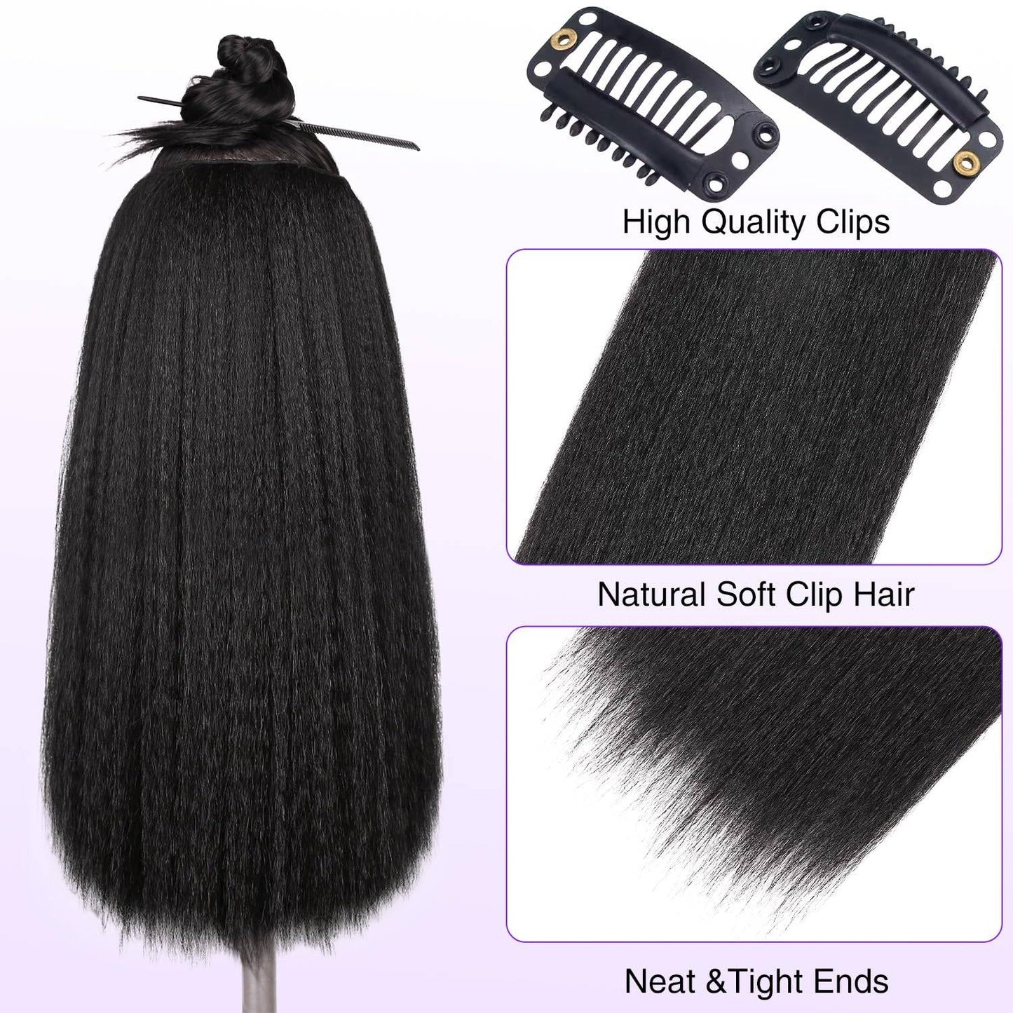Apliques de Cabelo Sintético Kinky Liso 7 Peças 16 Clipes Yaki Liso 55cm Extensões de Cabelo para Cabeça Cheia