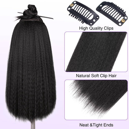 Apliques de Cabelo Sintético Kinky Liso 7 Peças 16 Clipes Yaki Liso 55cm Extensões de Cabelo para Cabeça Cheia