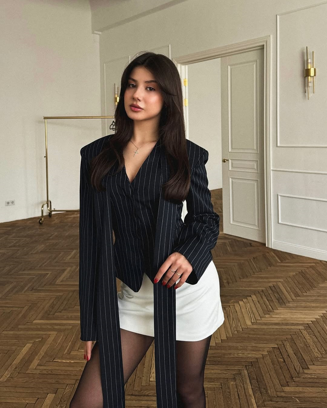 Tossy Elegant Female Striped Suit Coat For Women Scarf Lace-Up Patchwork V-Neck Long Sleeve Luxury Outwear Female Jackets Coat