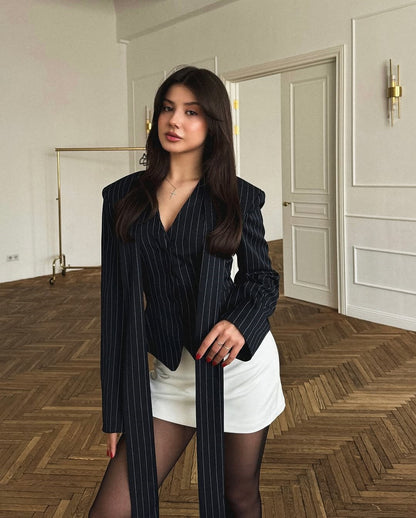Tossy Elegant Female Striped Suit Coat For Women Scarf Lace-Up Patchwork V-Neck Long Sleeve Luxury Outwear Female Jackets Coat