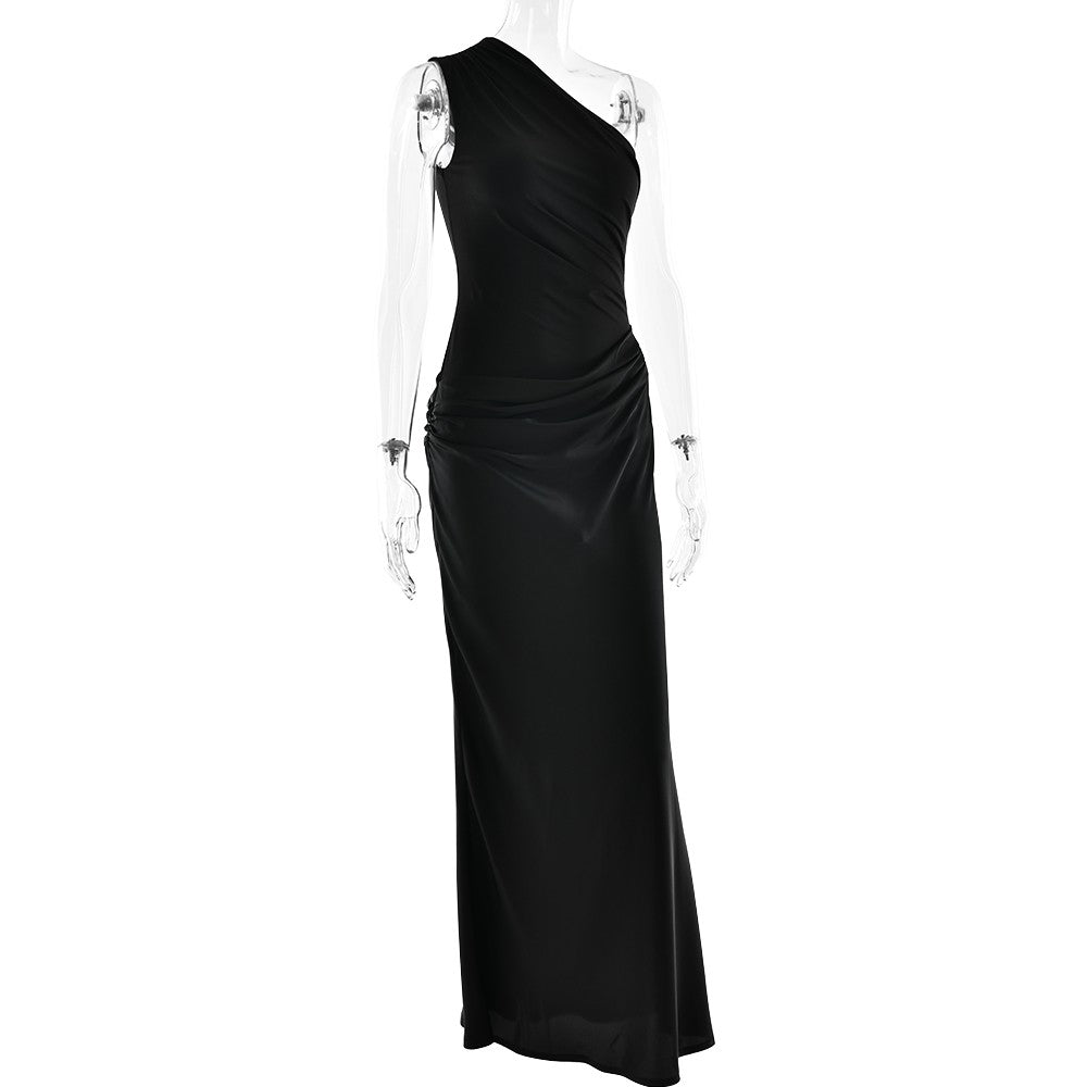 JULISSA MO Patchwork Satin Sexy One Shoulder Women Maxi Dress Brown Sleeveless E